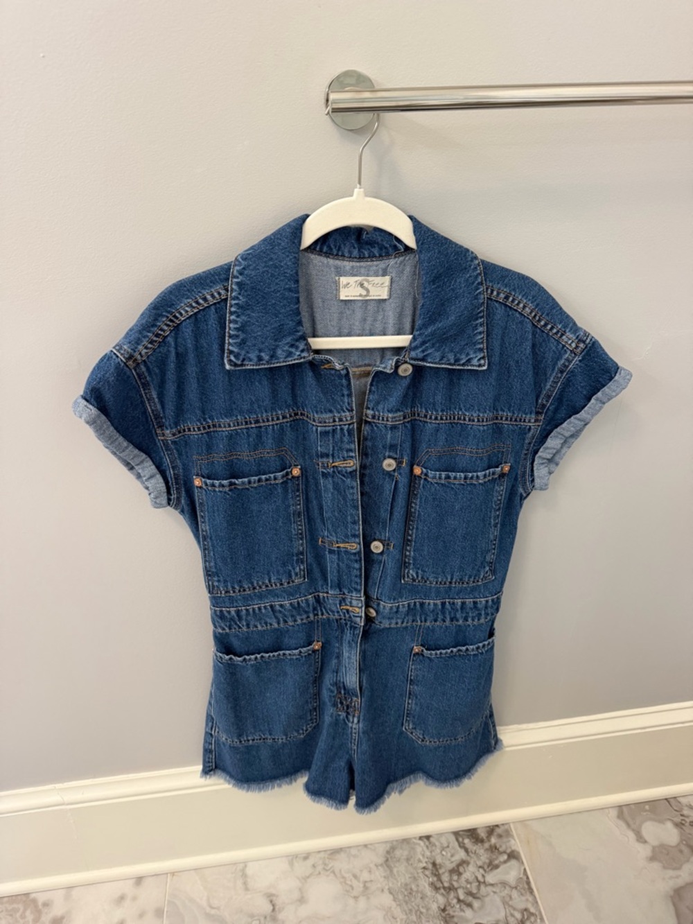 Free People Dark Blue Denim Short Sleeve Jumpsuit